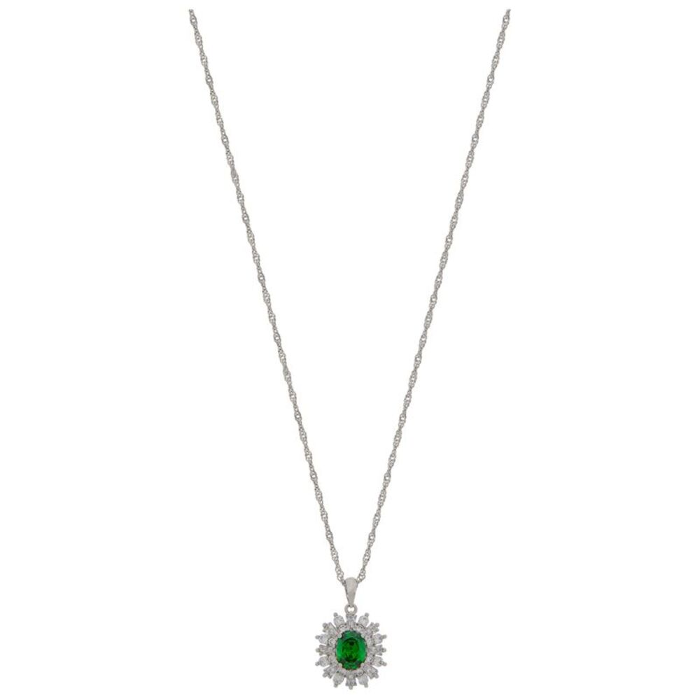 Platinum Plated Created Emerald and Cubic Zirconia Sunburst Pendant Necklace